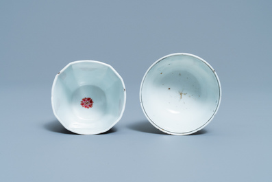 Two Chinese famille rose cups and saucers, Yongzheng/Qianlong