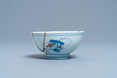 A Chinese blue, white and copper red bowl with kintsugi repair, Chenghua mark, Kangxi