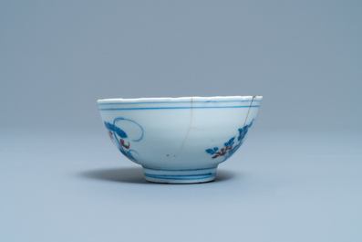 A Chinese blue, white and copper red bowl with kintsugi repair, Chenghua mark, Kangxi