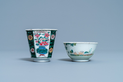 Two Chinese famille rose cups and saucers, Yongzheng/Qianlong