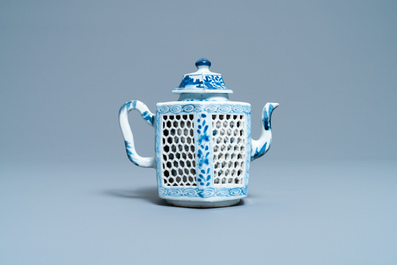 A Chinese blue and white reticulated double-walled teapot and cover, Kangxi