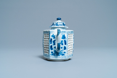 A Chinese blue and white reticulated double-walled teapot and cover, Kangxi