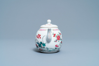 A Chinese famille rose teapot on stand with landscape design, Yongzheng