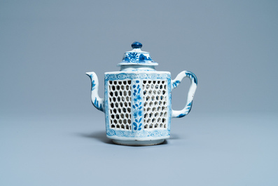 A Chinese blue and white reticulated double-walled teapot and cover, Kangxi