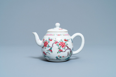 A Chinese famille rose teapot on stand with landscape design, Yongzheng