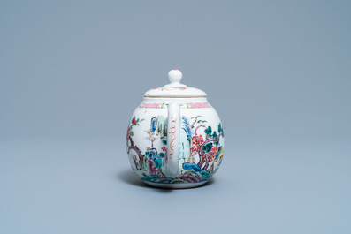 A Chinese famille rose teapot on stand with landscape design, Yongzheng