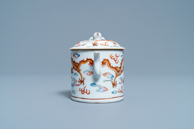 A Chinese famille rose dragon teapot and cover, 19th C.
