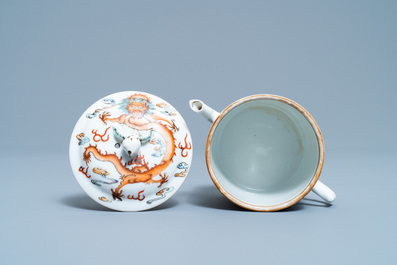 A Chinese famille rose dragon teapot and cover, 19th C.