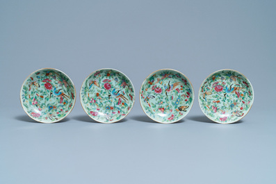 Een Chinees Canton famille rose theeservies met celadon fondkleur, 19e eeuw