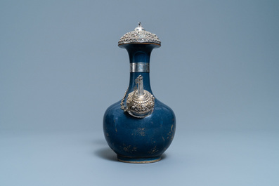 A Chinese silver-gilt mounted monochrome blue and gilt kendi, Kangxi
