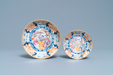 A Chinese famille rose 'Mandarin' cup and saucer with matching plate, Qianlong