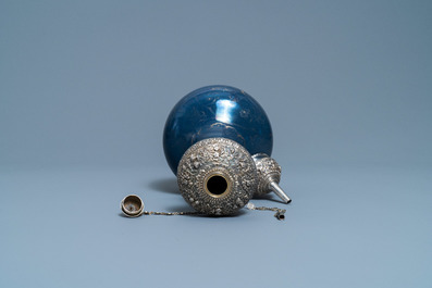 A Chinese silver-gilt mounted monochrome blue and gilt kendi, Kangxi