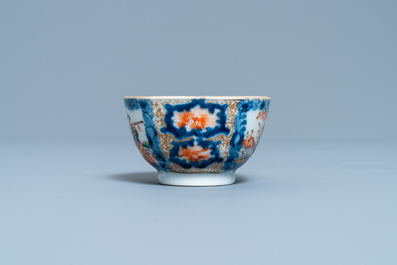 A Chinese famille rose 'Mandarin' cup and saucer with matching plate, Qianlong