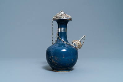 A Chinese silver-gilt mounted monochrome blue and gilt kendi, Kangxi