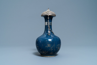 A Chinese silver-gilt mounted monochrome blue and gilt kendi, Kangxi