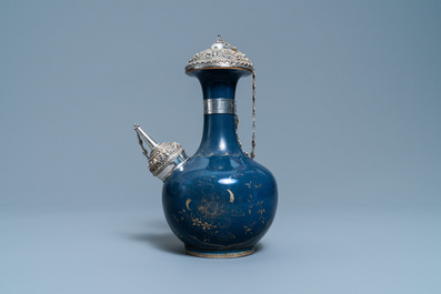 A Chinese silver-gilt mounted monochrome blue and gilt kendi, Kangxi