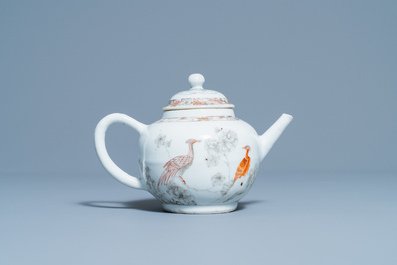 A Chinese grisaille and iron red teapot with fine peacock design, Yongzheng/Qianlong