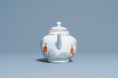 A Chinese grisaille and iron red teapot with fine peacock design, Yongzheng/Qianlong