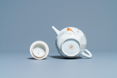 A Chinese grisaille and iron red teapot with fine peacock design, Yongzheng/Qianlong