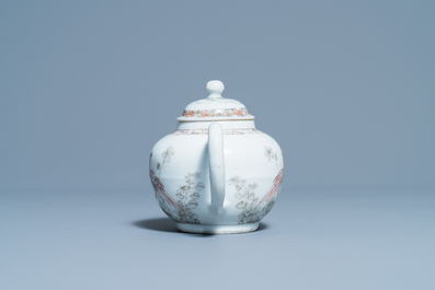 A Chinese grisaille and iron red teapot with fine peacock design, Yongzheng/Qianlong