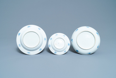 Three Chinese blue and white 'Dames au parasol' plates after Pronk, Qianlong