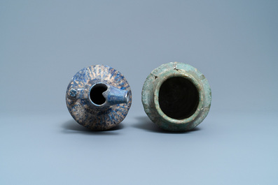 A turquoise-glazed Islamic pottery albarello and a blue-glazed ewer, Iran or Syria, 12/13th C.