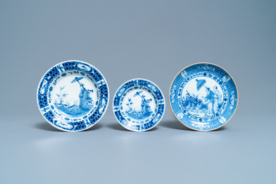 Three Chinese blue and white 'Dames au parasol' plates after Pronk, Qianlong
