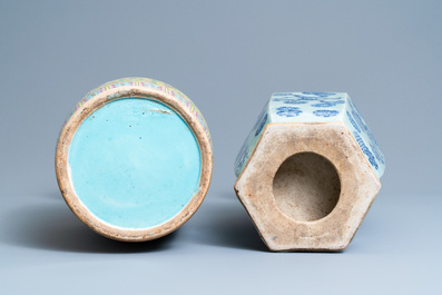 A Chinese hexagonal celadon-ground vase and a yellow-ground famille rose vase, 19th C.