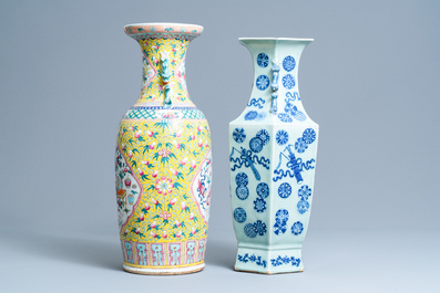 A Chinese hexagonal celadon-ground vase and a yellow-ground famille rose vase, 19th C.