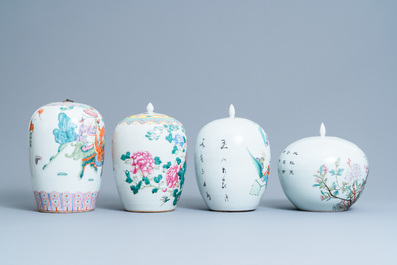 Four Chinese famille rose and qianjiang cai jars and covers, 19/20th C.