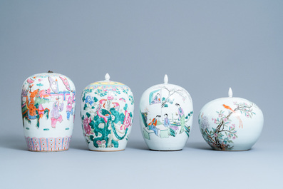 Four Chinese famille rose and qianjiang cai jars and covers, 19/20th C.