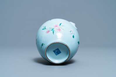 A Chinese famille rose lavender blue-ground vase, Yongzheng mark, 19/20th C.
