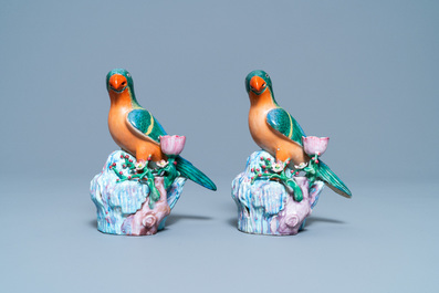 A pair of Chinese famille rose bird-shaped candlesticks, Qianlong