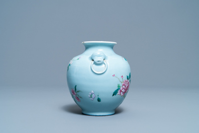 A Chinese famille rose lavender blue-ground vase, Yongzheng mark, 19/20th C.