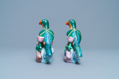 A pair of Chinese famille rose bird-shaped candlesticks, Qianlong