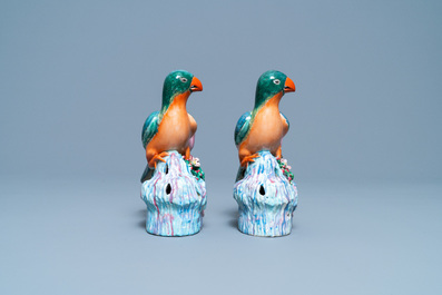 A pair of Chinese famille rose bird-shaped candlesticks, Qianlong