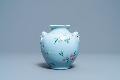 A Chinese famille rose lavender blue-ground vase, Yongzheng mark, 19/20th C.