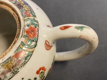 Two Chinese famille verte cup stands, a teapot and a plate, Kangxi