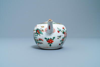 Two Chinese famille verte cup stands, a teapot and a plate, Kangxi