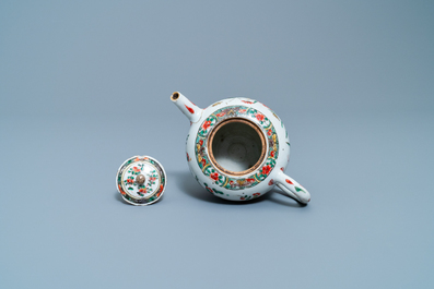 Two Chinese famille verte cup stands, a teapot and a plate, Kangxi