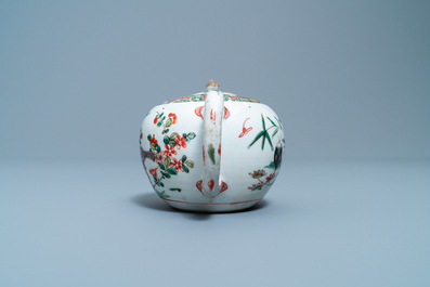 Two Chinese famille verte cup stands, a teapot and a plate, Kangxi