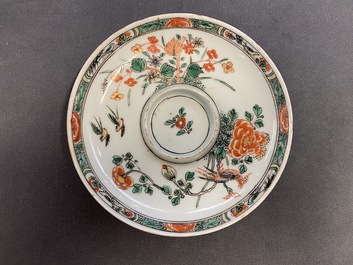 Two Chinese famille verte cup stands, a teapot and a plate, Kangxi