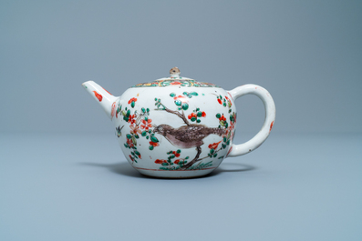Two Chinese famille verte cup stands, a teapot and a plate, Kangxi