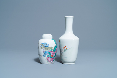 A Chinese famille rose vase and a covered jar with Buddhist lions, 19/20th C.