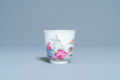 A Chinese famille rose 'romantic subject' cup and saucer, Yongzheng/Qianlong