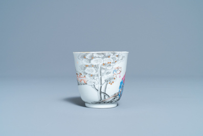 A Chinese famille rose 'romantic subject' cup and saucer, Yongzheng/Qianlong