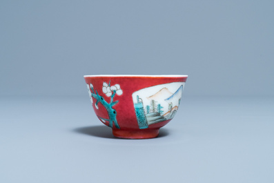A Chinese famille rose ruby-ground cup and saucer, Yongzheng