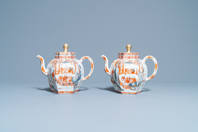 A pair of very large Chinese Imari-style teapots and covers, Kangxi
