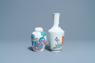 A Chinese famille rose vase and a covered jar with Buddhist lions, 19/20th C.