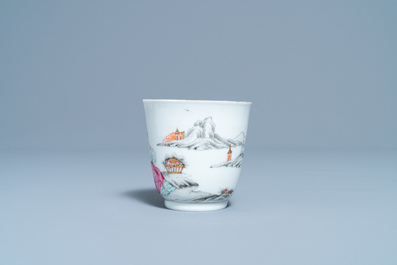 A Chinese famille rose 'romantic subject' cup and saucer, Yongzheng/Qianlong